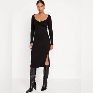 NWT! Black Fitted Twist-Front Rib-Knit Midi Dress for Women - Multiple 👗